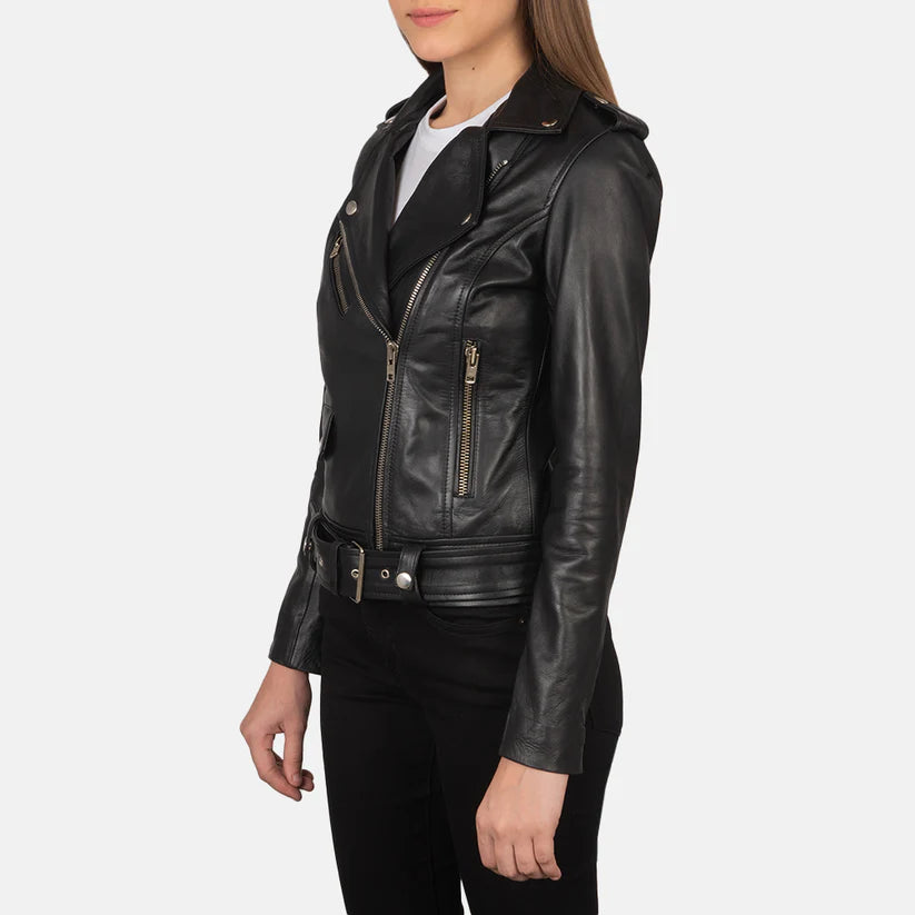 Black Real leather biker jacket LSW-0002