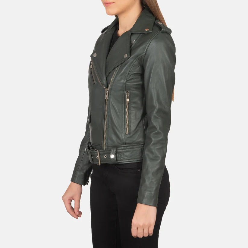 Green Real Leather Biker Jacket LSW-0010