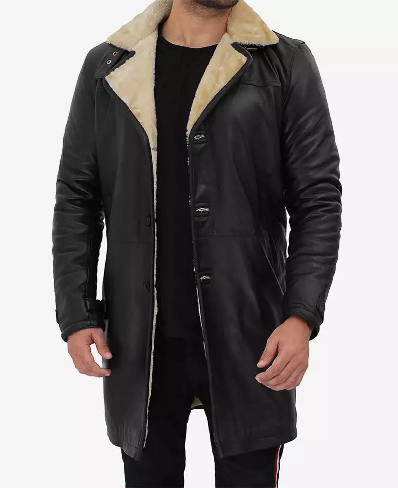 Men's Black 3/4 Length Shearling Leather Coat LSM-0055