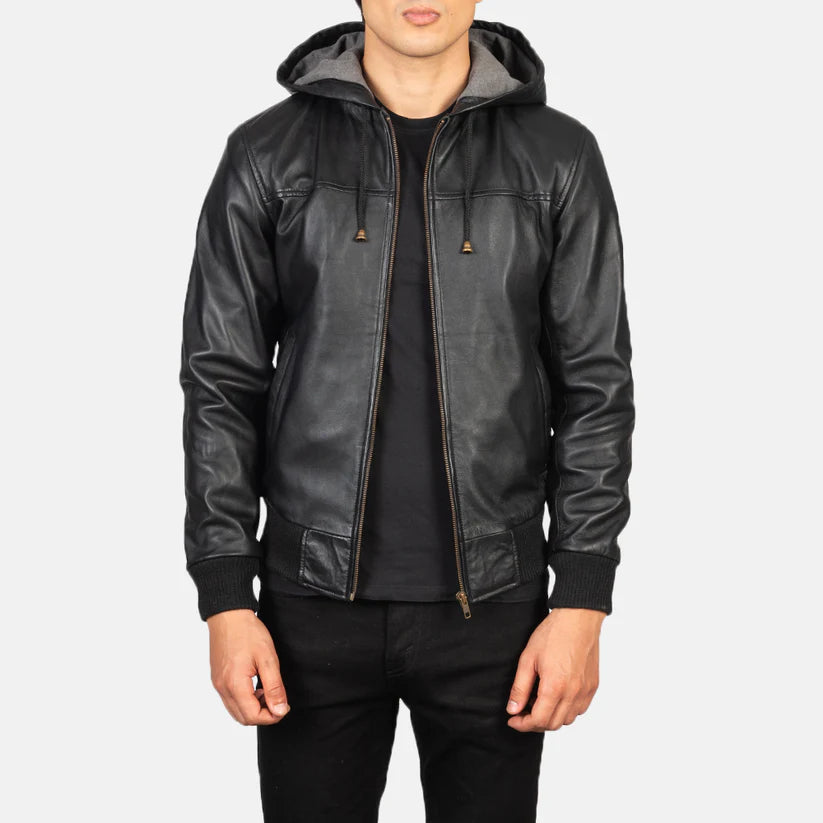 Black Hooded Real Leather Bomber Jacket Leather Jacket Leather Scoutt