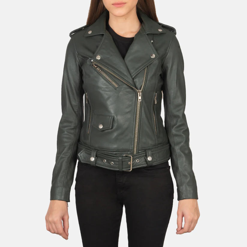 Green Real Leather Biker Jacket LSW-0010