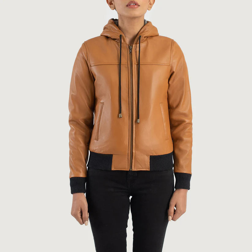 Brown Hooded Leather Bomber Jacket LSW-0005