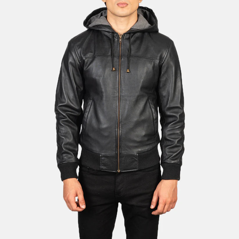 Black Hooded Real Leather Bomber Jacket Leather Jacket Leather Scoutt