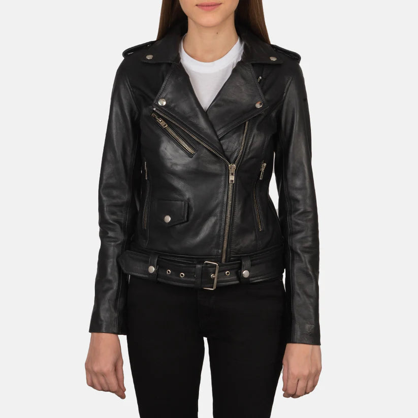 Black Real leather biker jacket LSW-0002