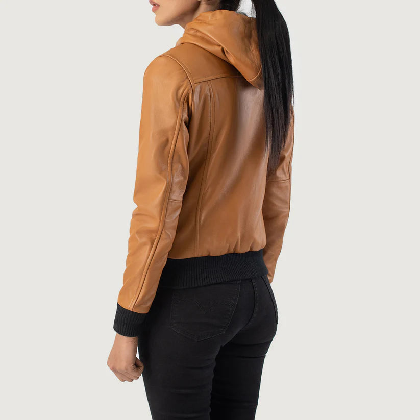 Brown Hooded Leather Bomber Jacket LSW-0005
