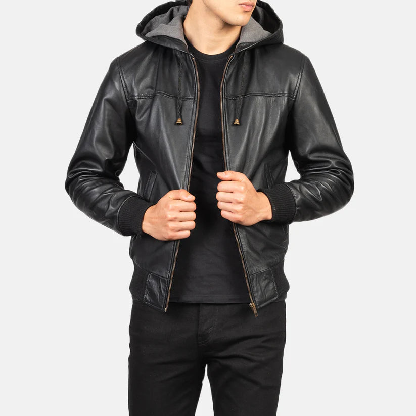 Black Hooded Real Leather Bomber Jacket Leather Jacket Leather Scoutt