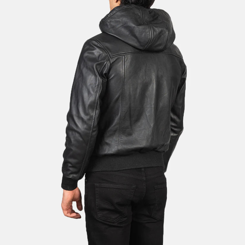 Black Hooded Real Leather Bomber Jacket Leather Jacket Leather Scoutt