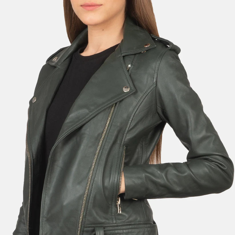 Green Real Leather Biker Jacket LSW-0010