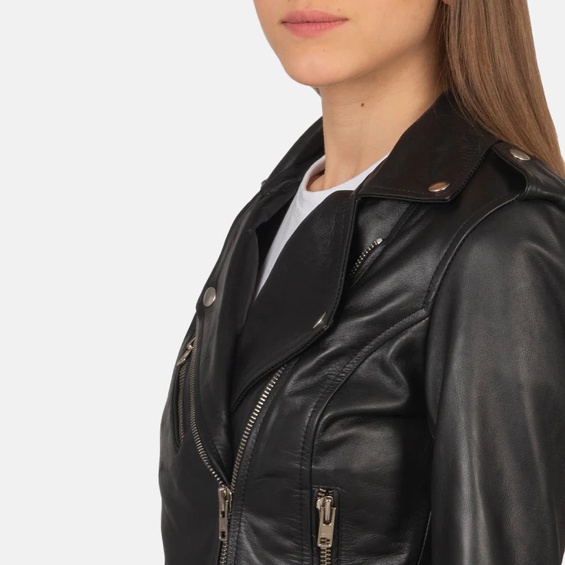 Black Real leather biker jacket LSW-0002