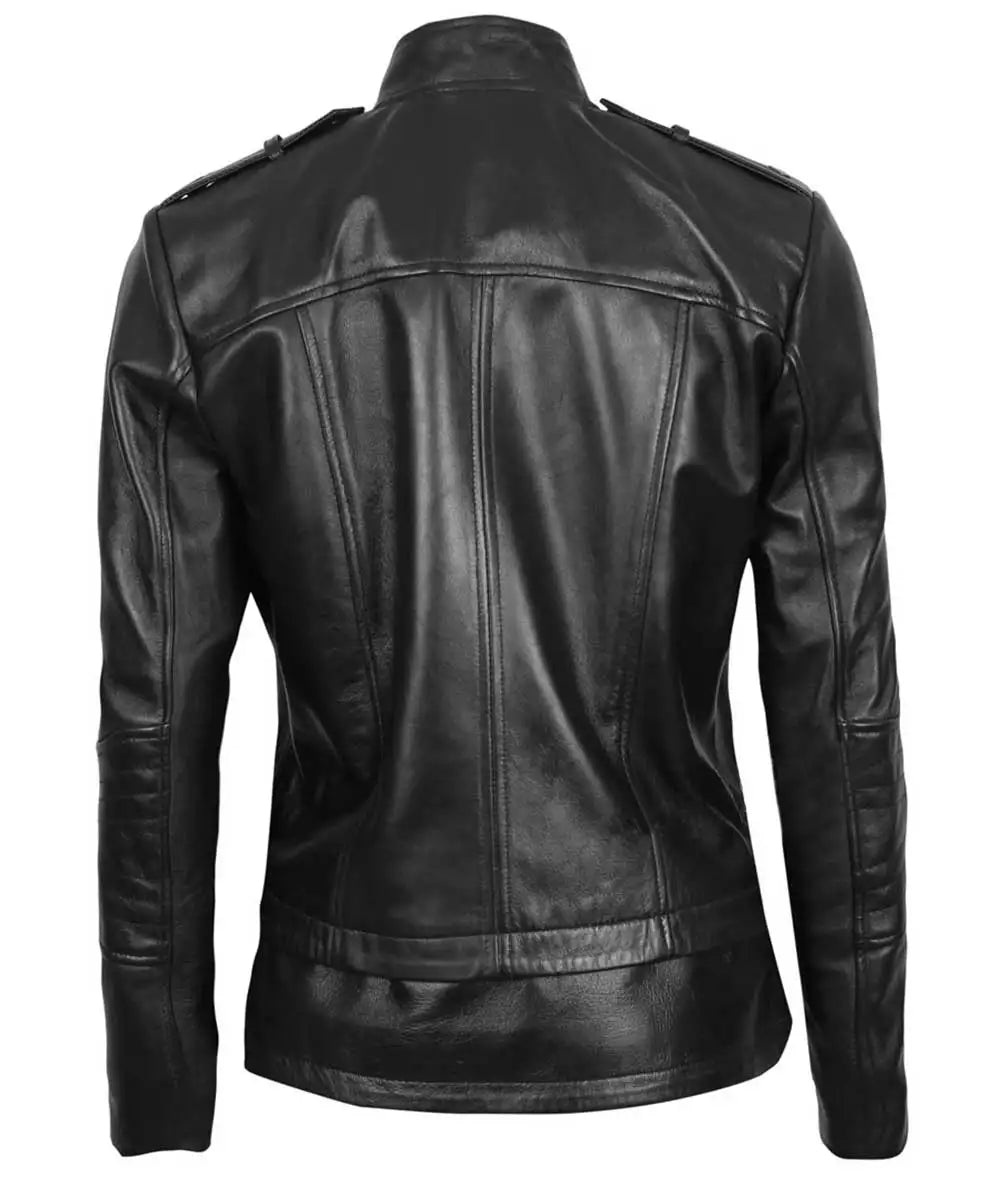 Monica Womens Black Leather Moto Jacket Asymmetrical Fitted Style LSW-0032