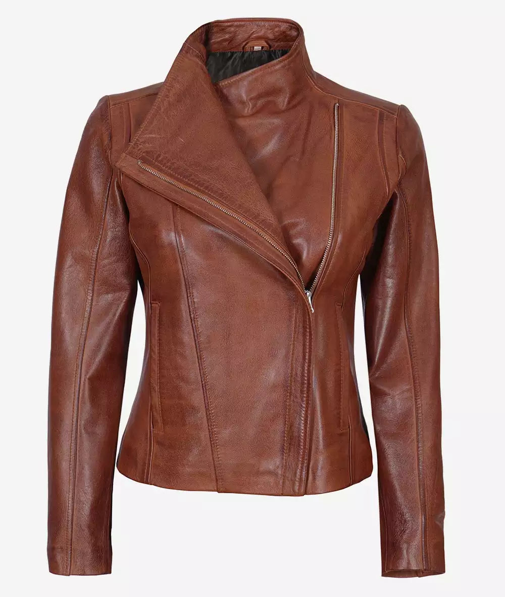 Women's Asymmetrical Cognac Leather Moto Jacket LSW-0047