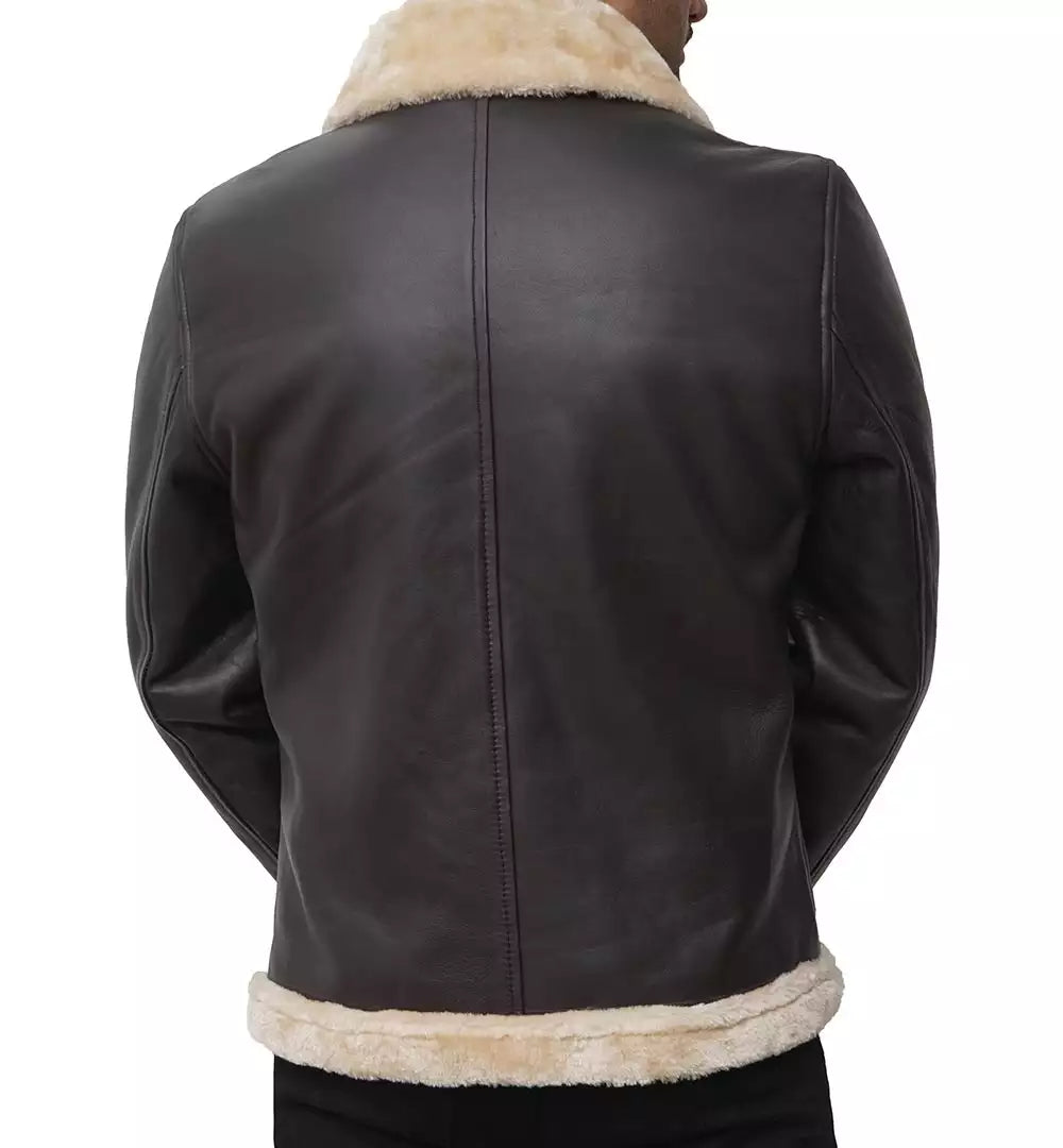 Mens Real Leather Dark Brown Shearling Bomber Jacket LSM-0061