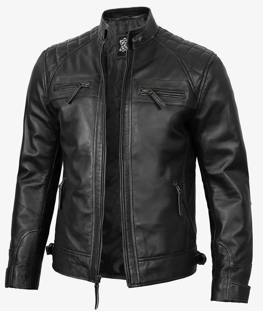 Men's Quilted Shoulder Black Cafe Racer Leather Jacket LSM-0033