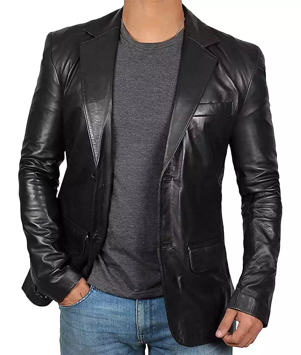 Mens Black Leather Blazer Jacket - Stylish Two Button Notch Lapel Blazer LSM-0068
