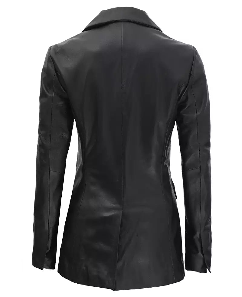 Notch Lapel Collar Double Breasted Black Leather Coat Women LSW-0085