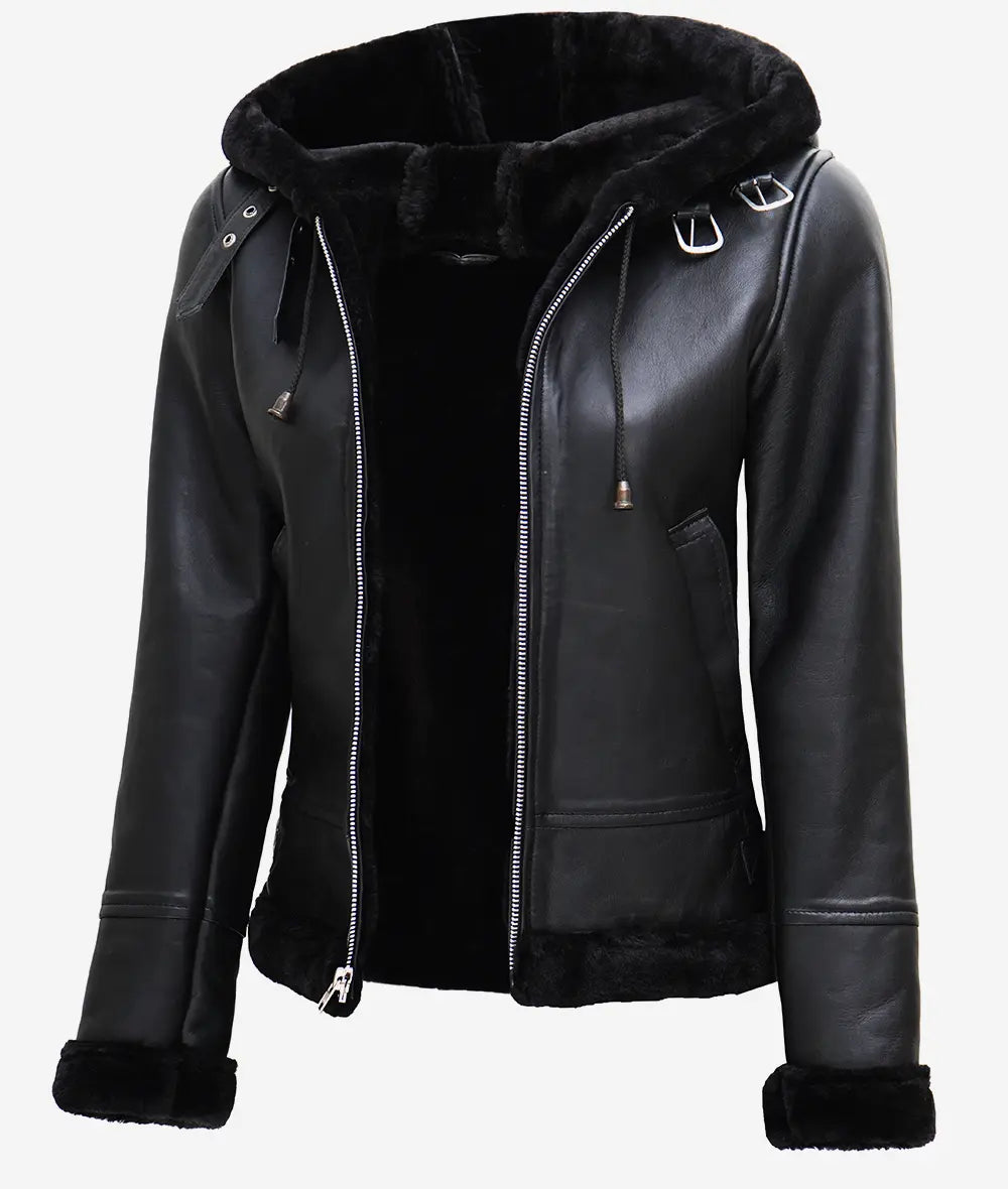 Women's Black Leather Hooded Shearling Jacket LSW-0067