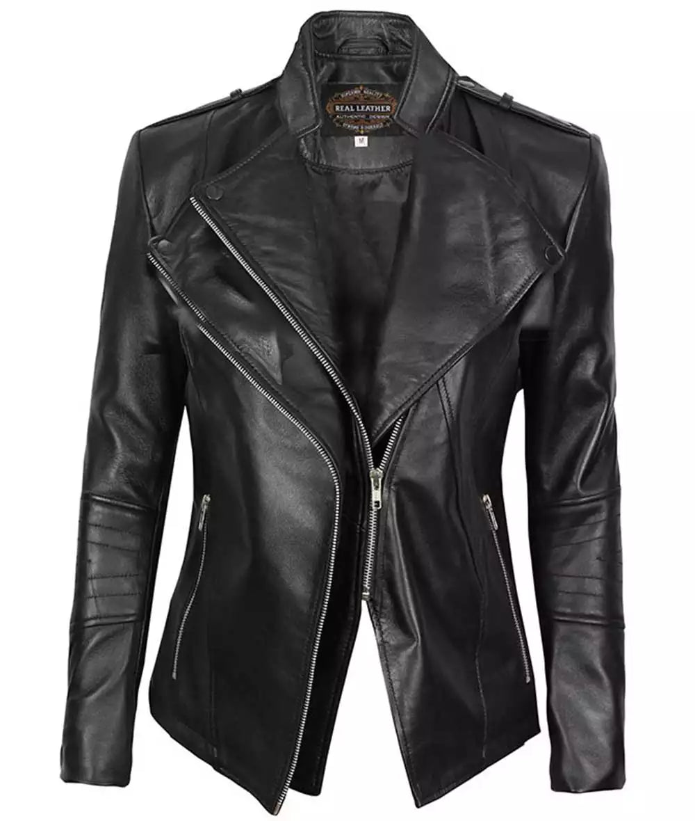 Monica Womens Black Leather Moto Jacket Asymmetrical Fitted Style LSW-0032