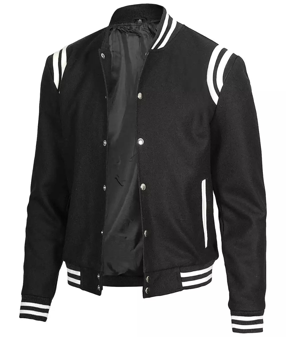 Black Letterman Jacket With White Detailing - Wool Blend LSM-0063