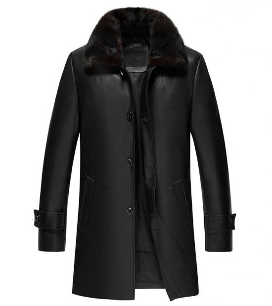 Men's Premium Black Leather Coat with Shearling Collar LSM-0057