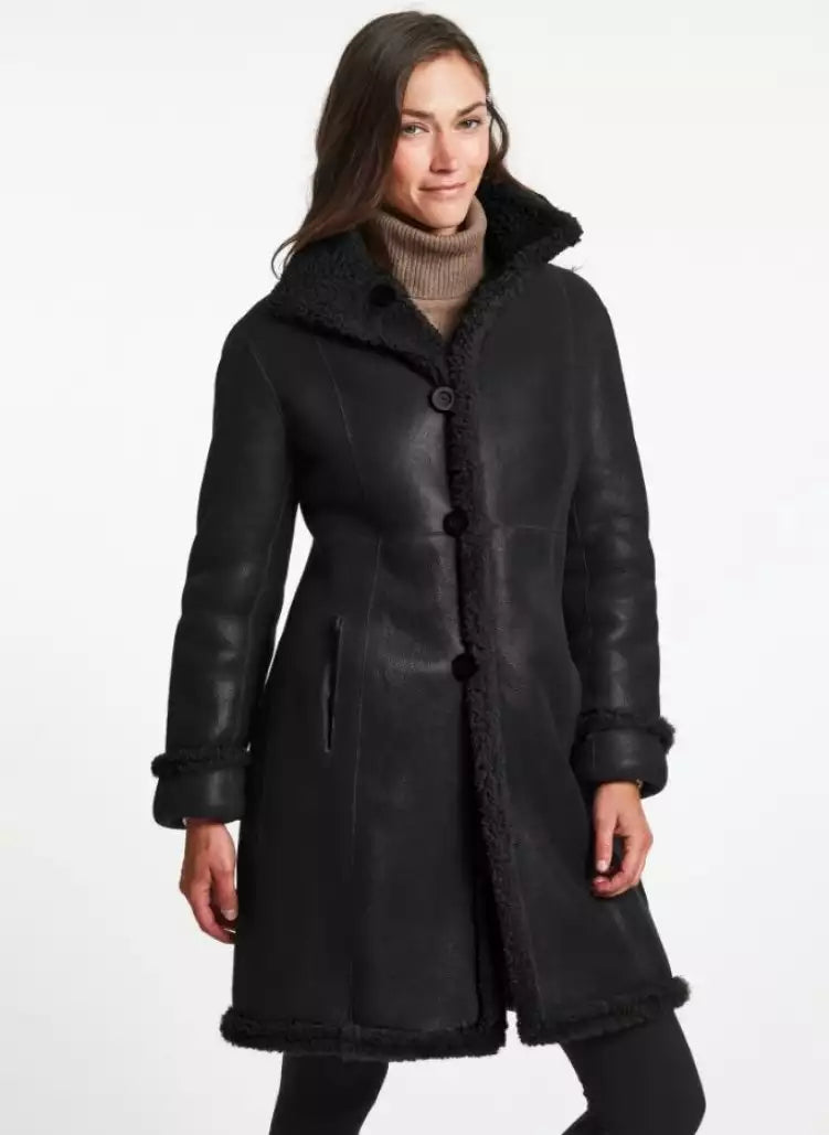 Women's Black Leather Shearling Coat - Premium Winter Coat LSW-0066