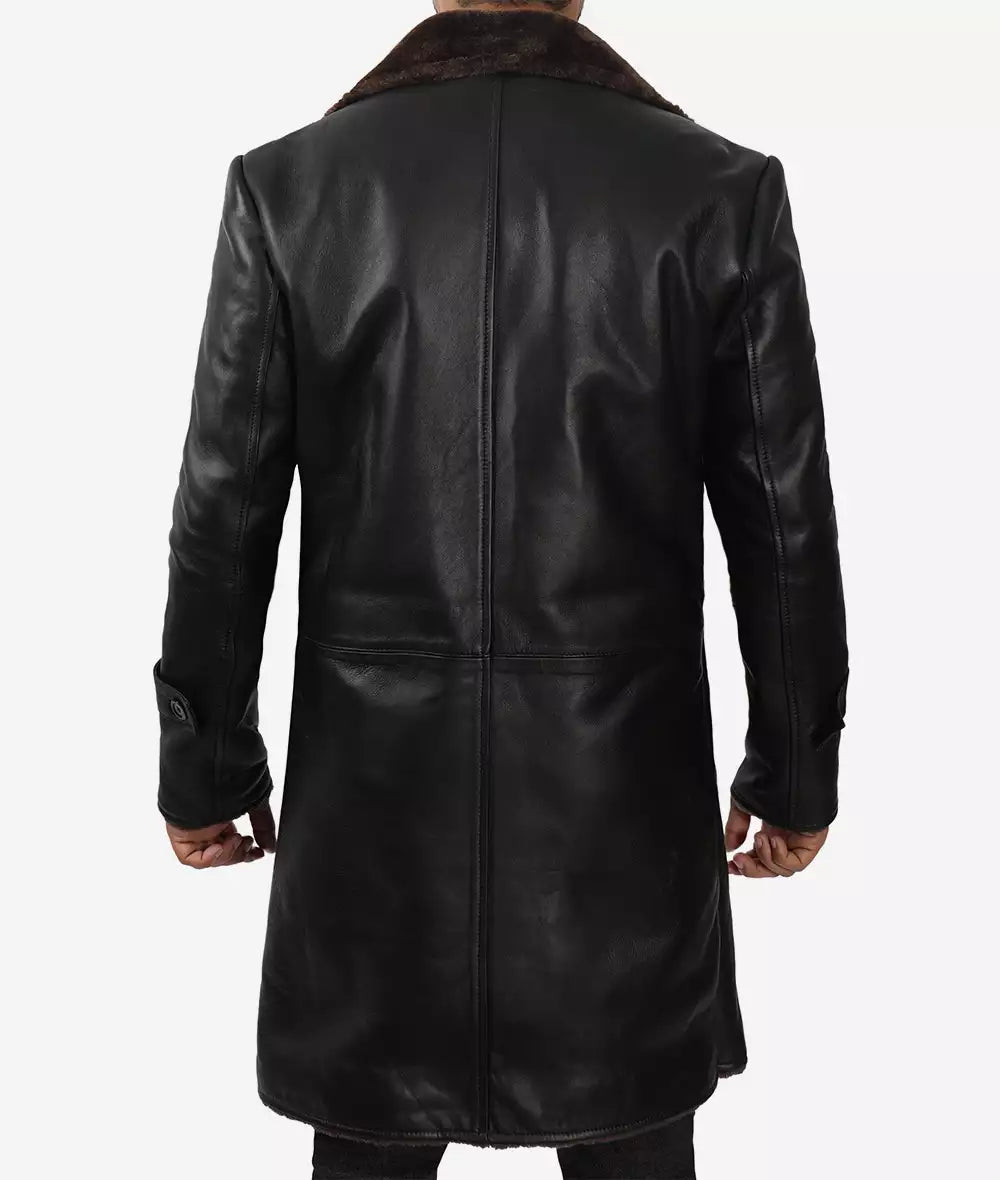 Men's 3/4 Length Black Shearling Coat - Winter Coat LSM-0051