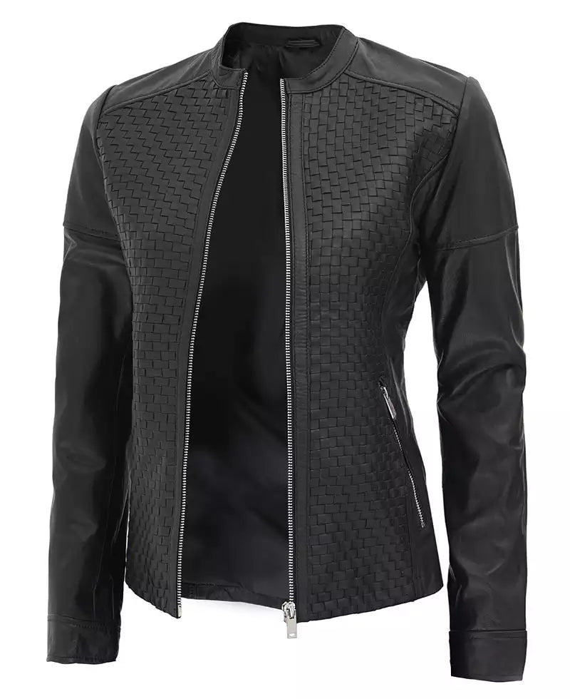 Maude Black Textured Leather Jacket for Women LSW-0048