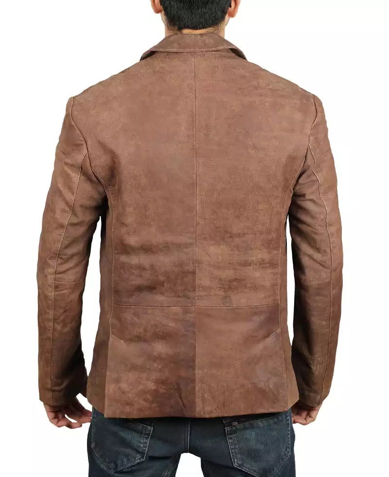 Mens Exclusive Two Button Real Leather Brown Blazer LSM-0069