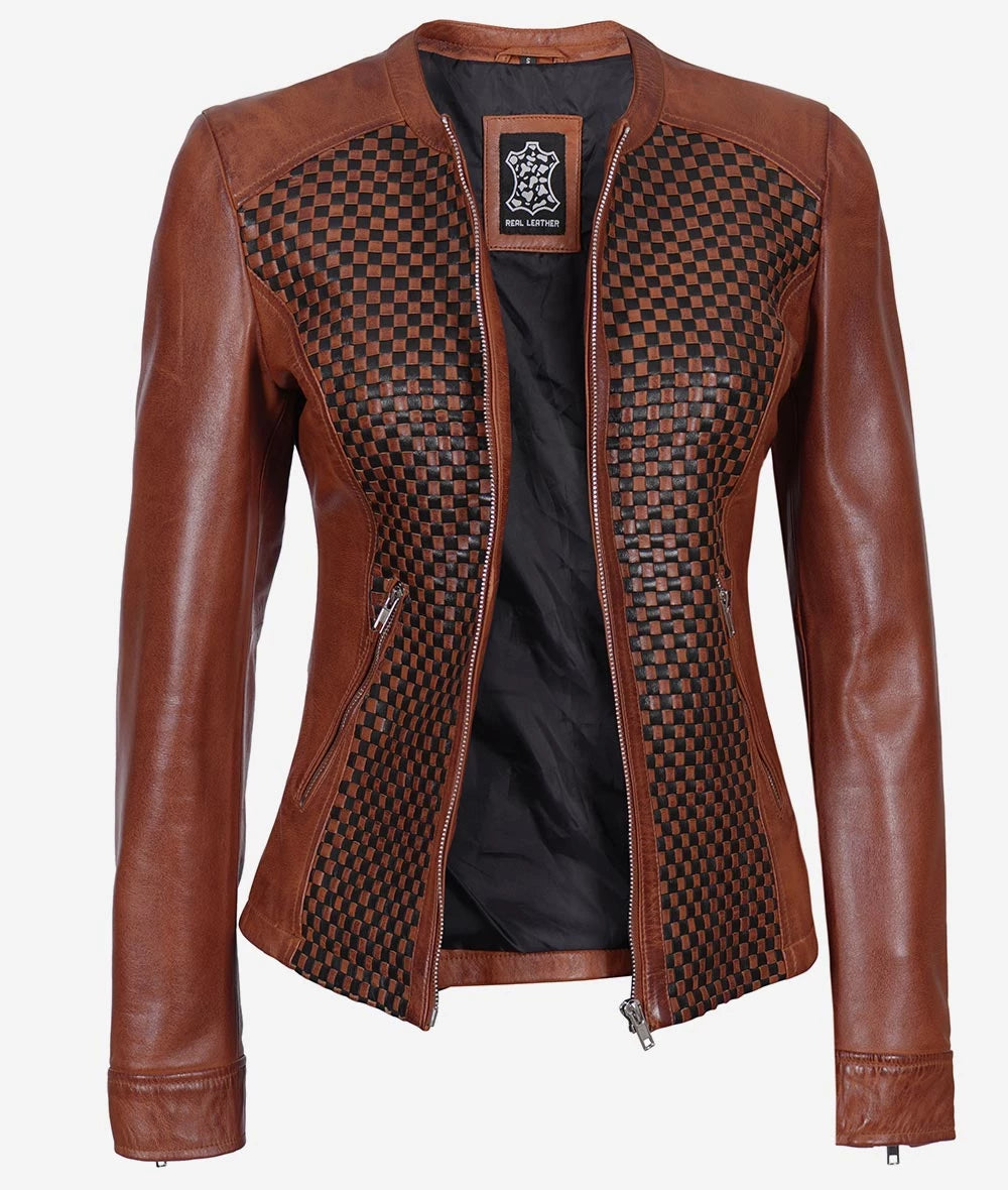 Womens Brown Textured Leather Biker Jacket LSW-0053