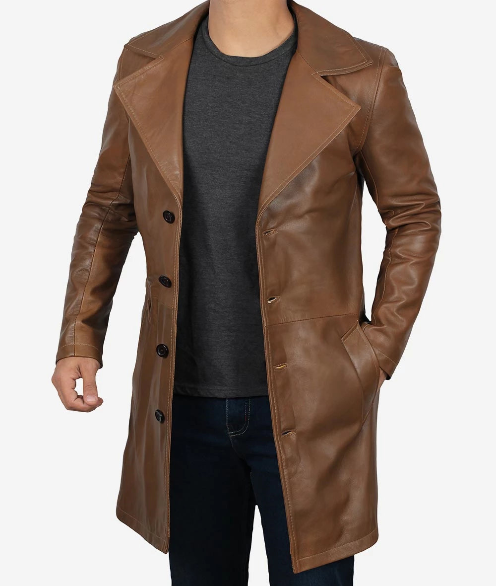 Mens Real Lambskin Leather 3/4 Length Brown Coat LSM-0081
