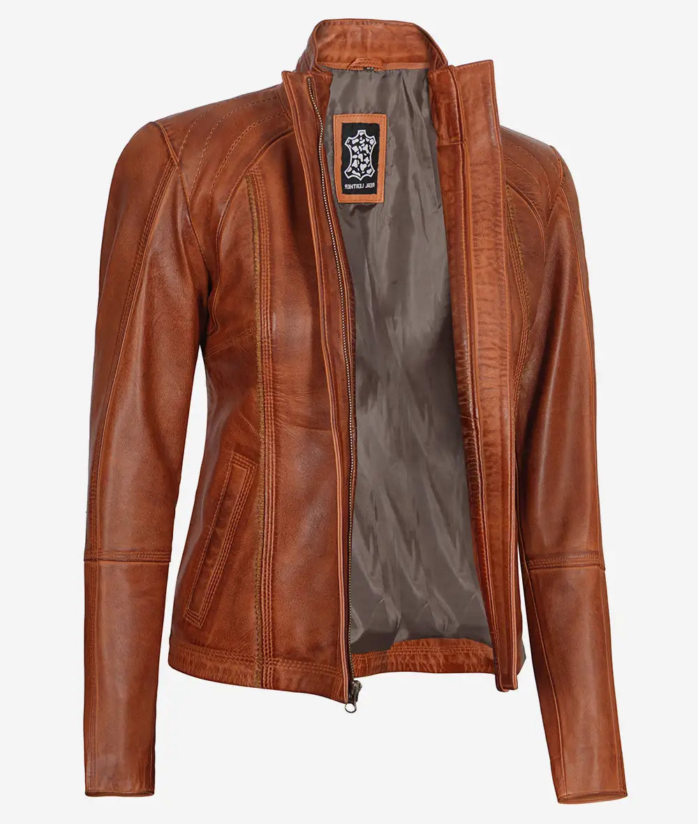 Acerra Women's Cognac Brown Cafe Racer Leather Jacket LSW-0045