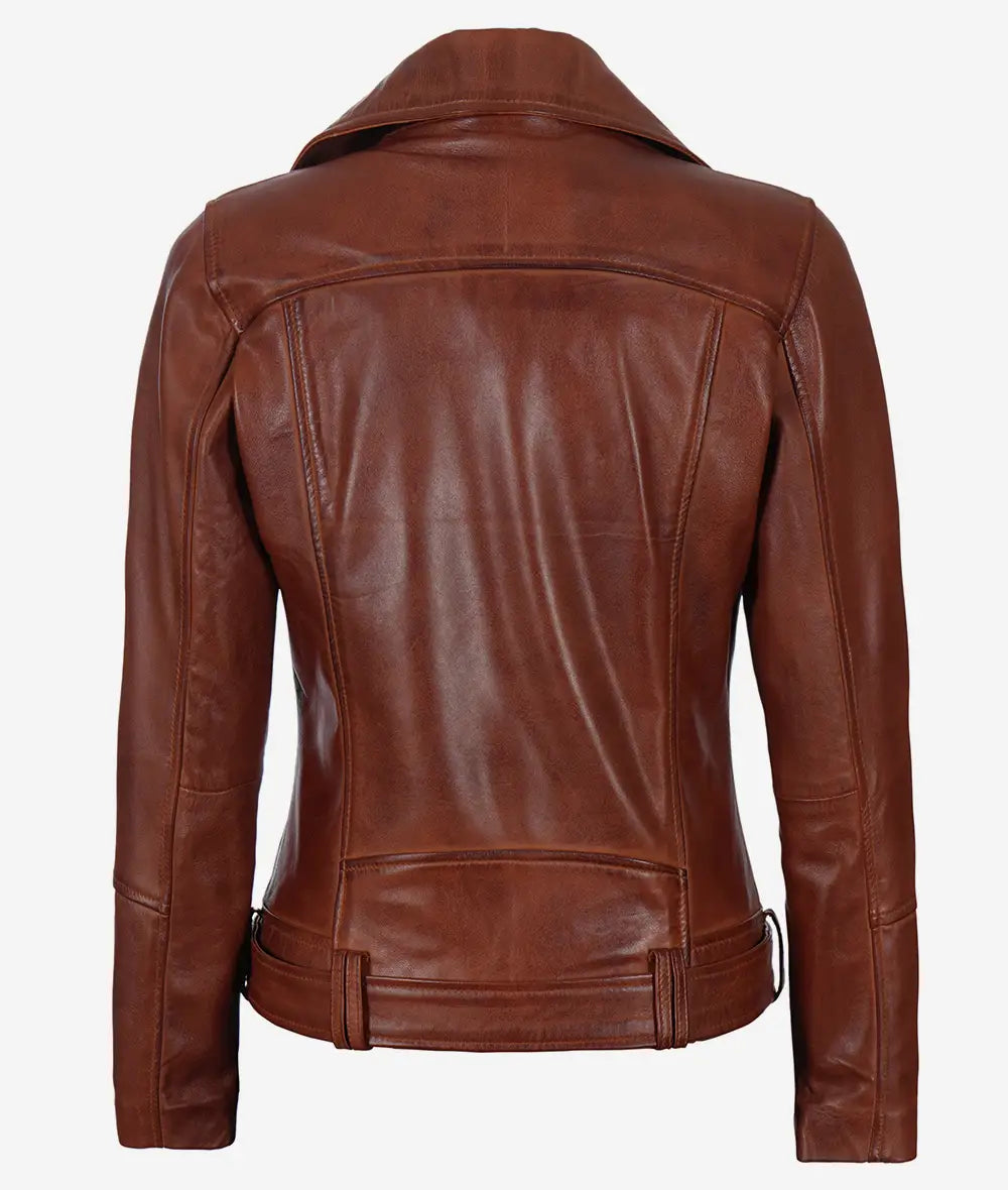 Women's Asymmetrical Cognac Leather Jacket - Belted Waist LSW-0050