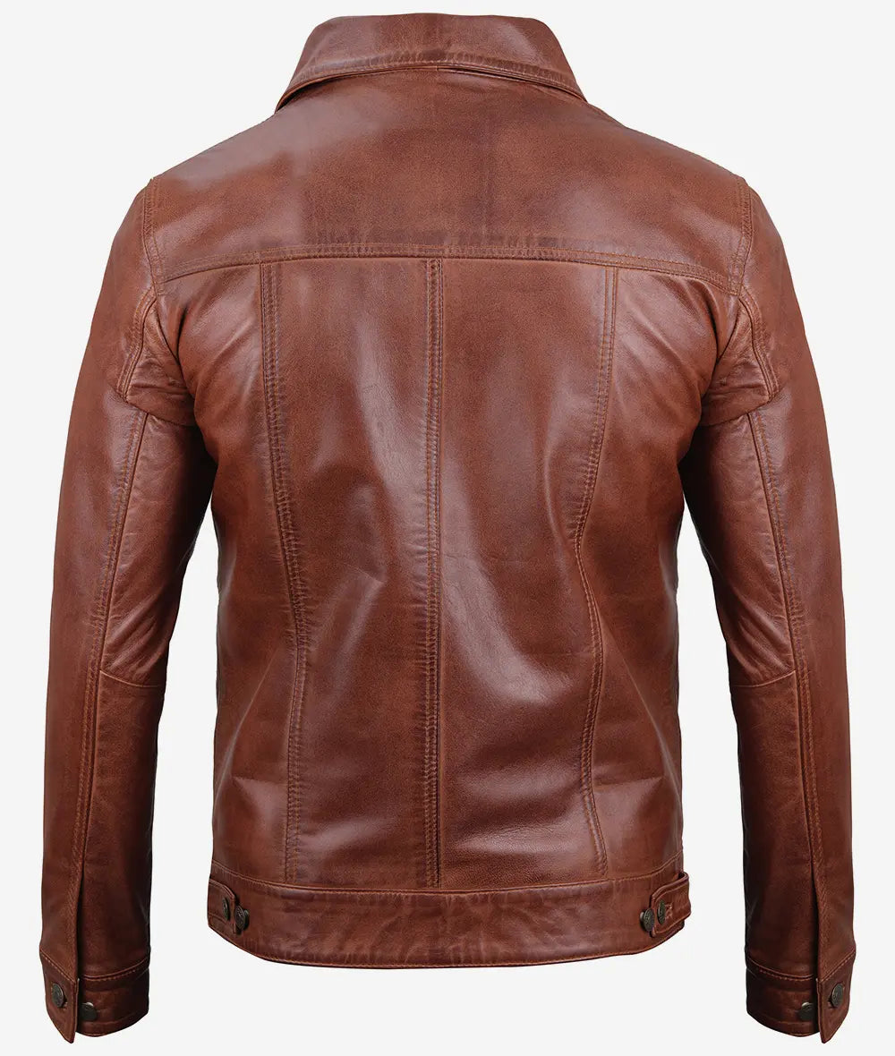 Men's Cognac Trucker Leather Jacket LSM-0023