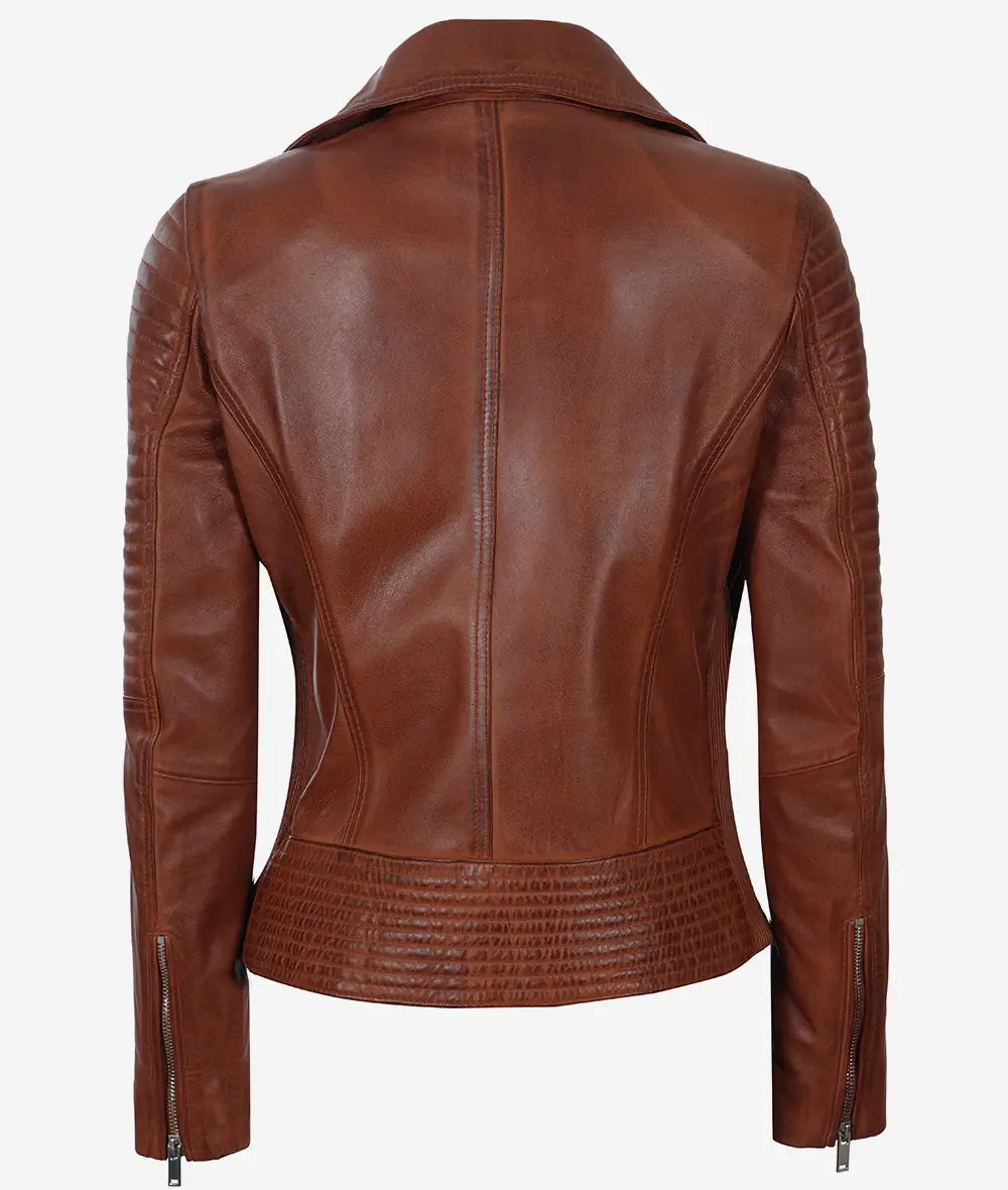 Women's Quilted Style Cognac Leather Moto Jacket LSW-0021