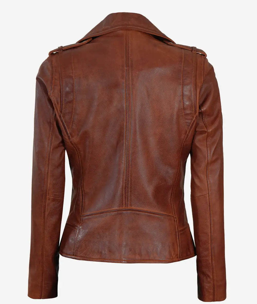 Womens Distressed Asymmetrical Cognac Moto Leather Jacket LSW-0051