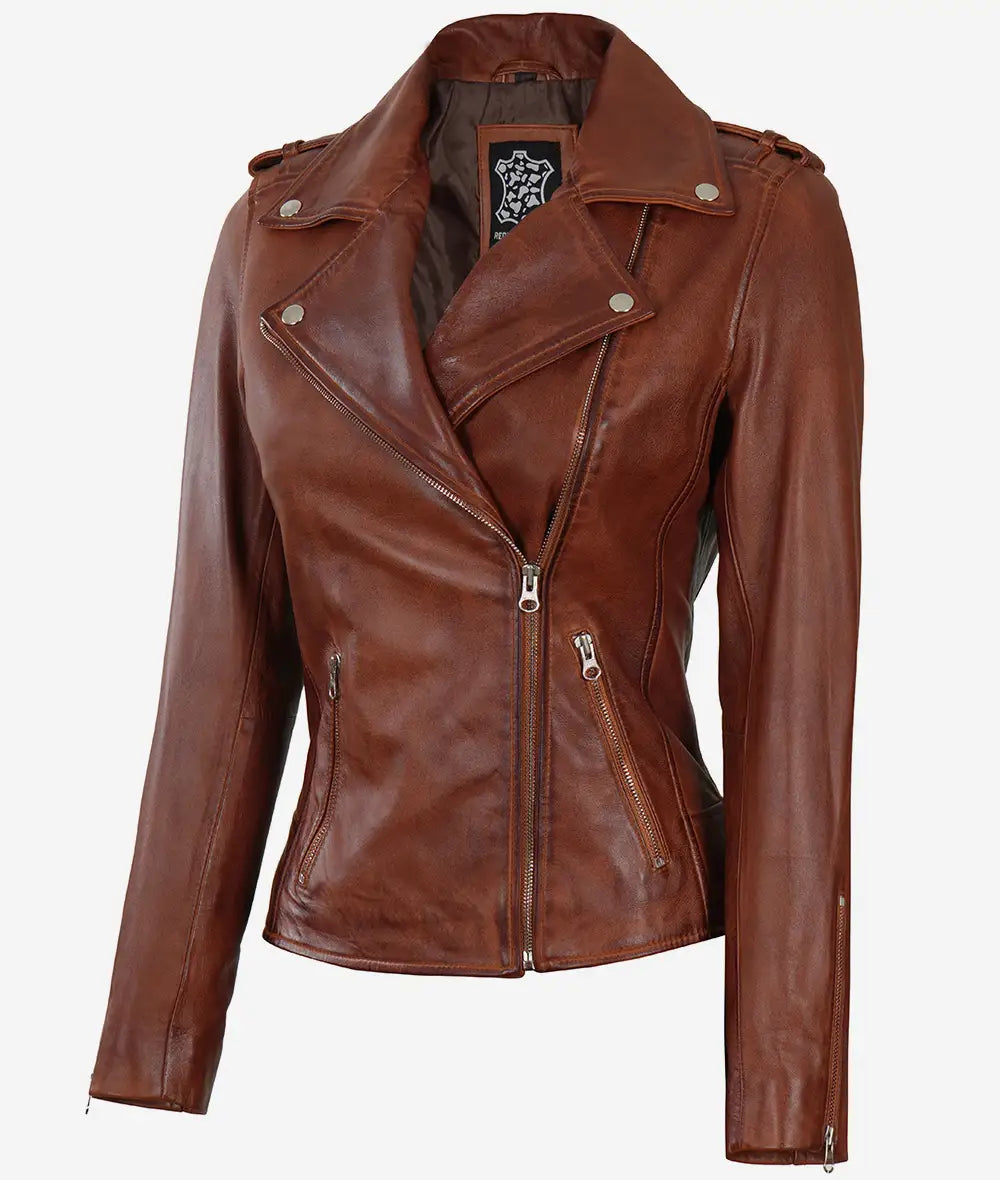 Womens Distressed Asymmetrical Cognac Moto Leather Jacket LSW-0051