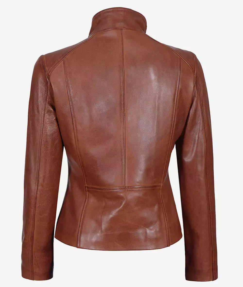 Women's Asymmetrical Cognac Leather Moto Jacket LSW-0047