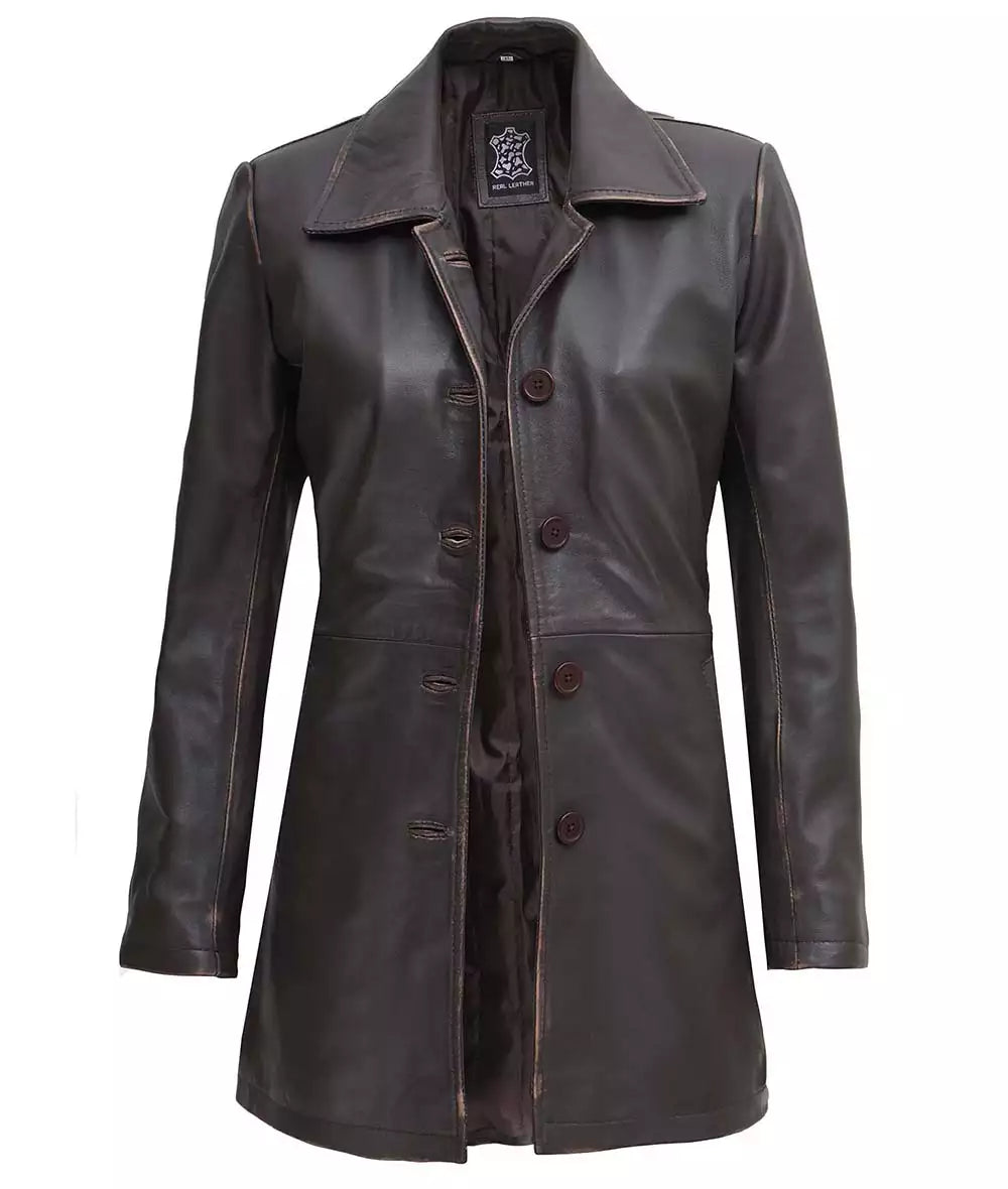 Women's Real Leather Distressed Brown 3/4 Length Coat LSW-0101