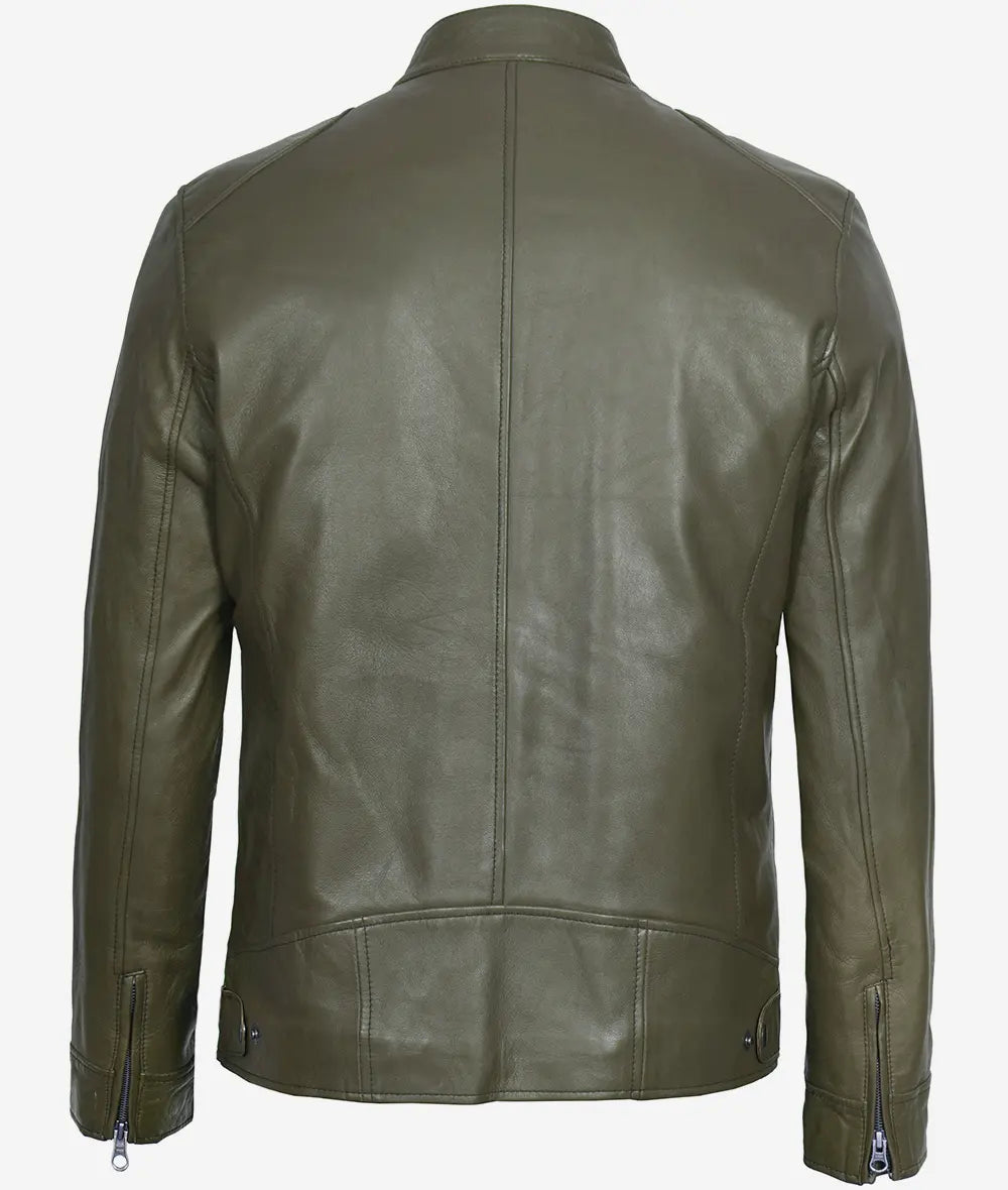Dodge Military Green Cafe Racer Leather Jacket for Men  LSM-0010