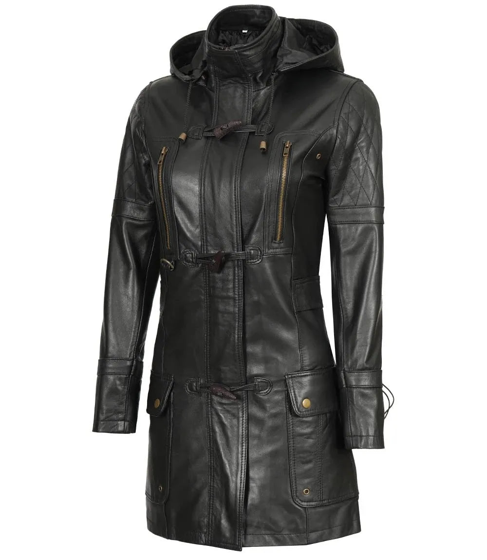 Women's Luxurious Black 3/4 Length Hooded Leather Coat LSW-0098