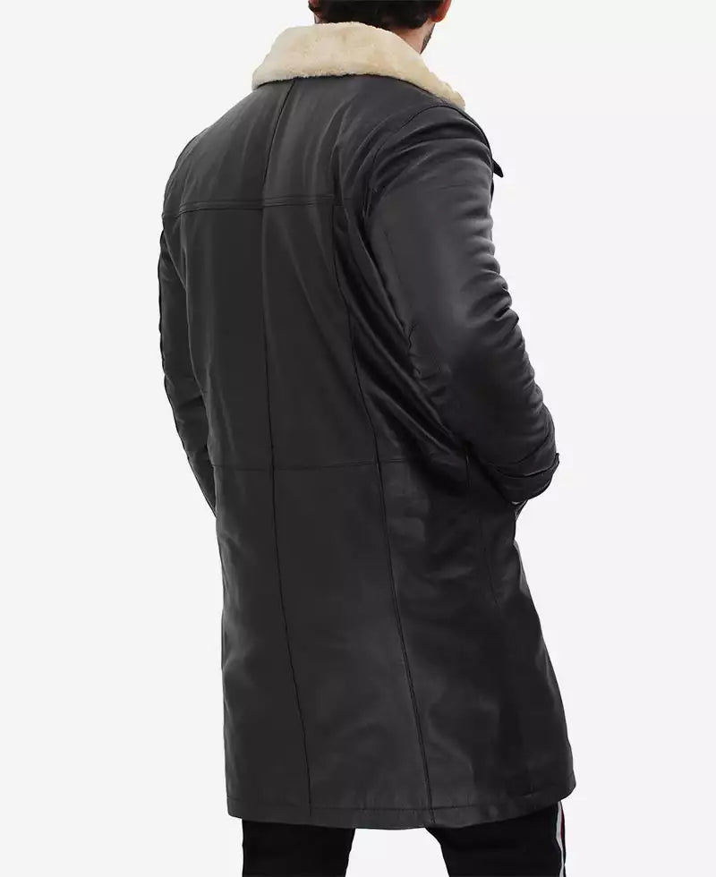 Men's Black 3/4 Length Shearling Leather Coat LSM-0055