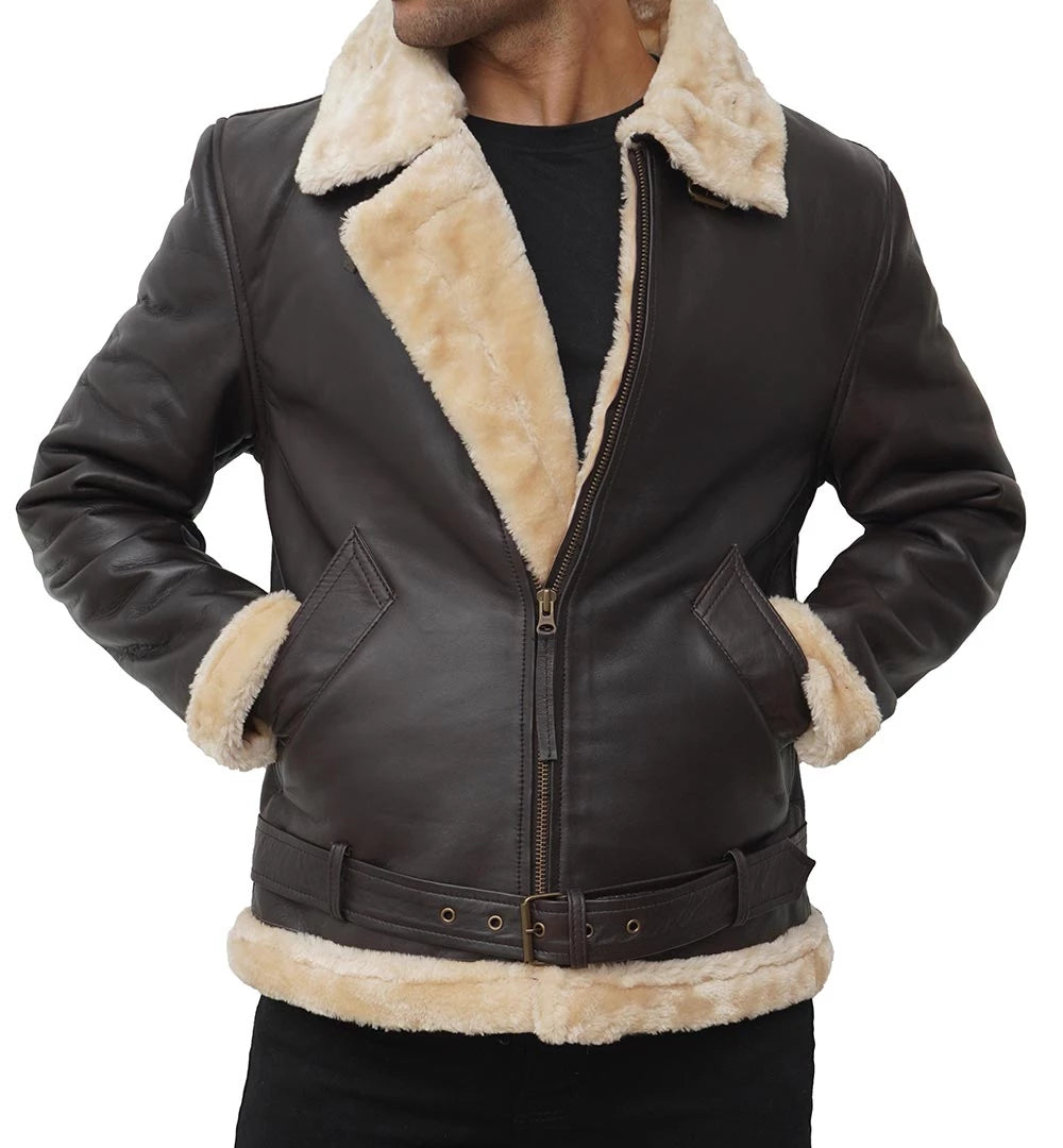 Mens Real Leather Dark Brown Shearling Bomber Jacket LSM-0061