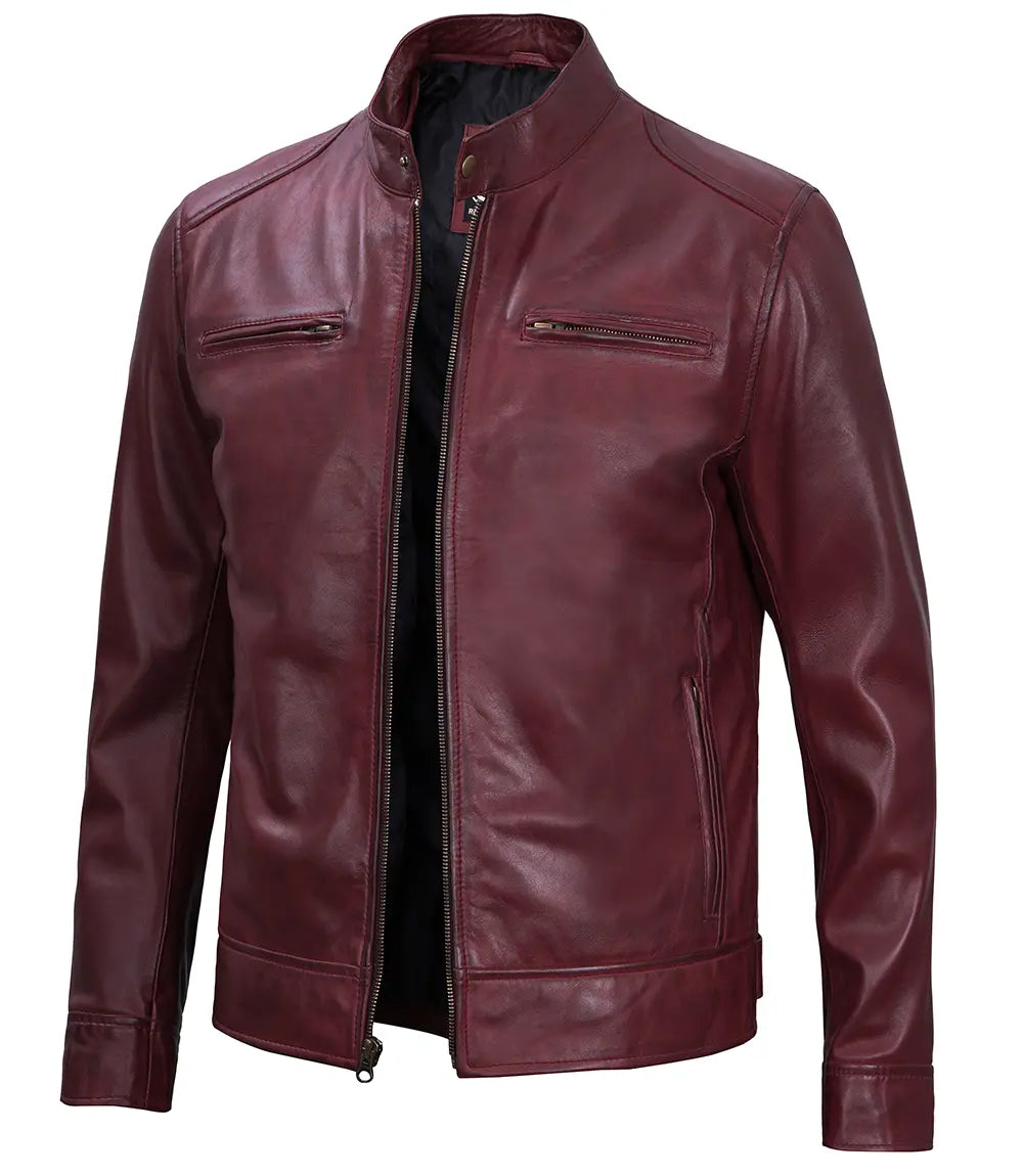Dodge Men's Maroon Cafe Racer Premium Lambskin Leather Jacket LSM-0009