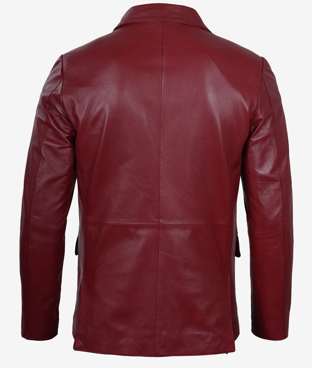 Men's Notch Lapel Maroon Leather Blazer – Two Button LSM-0067