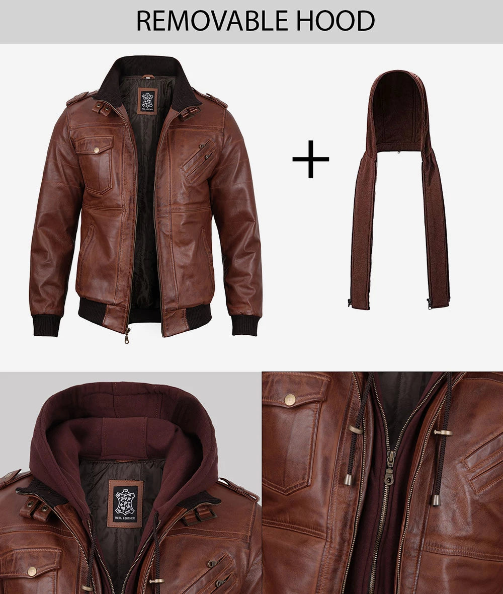 Mens Brown Leather Bomber Jacket With Removable Hood LSM-0041