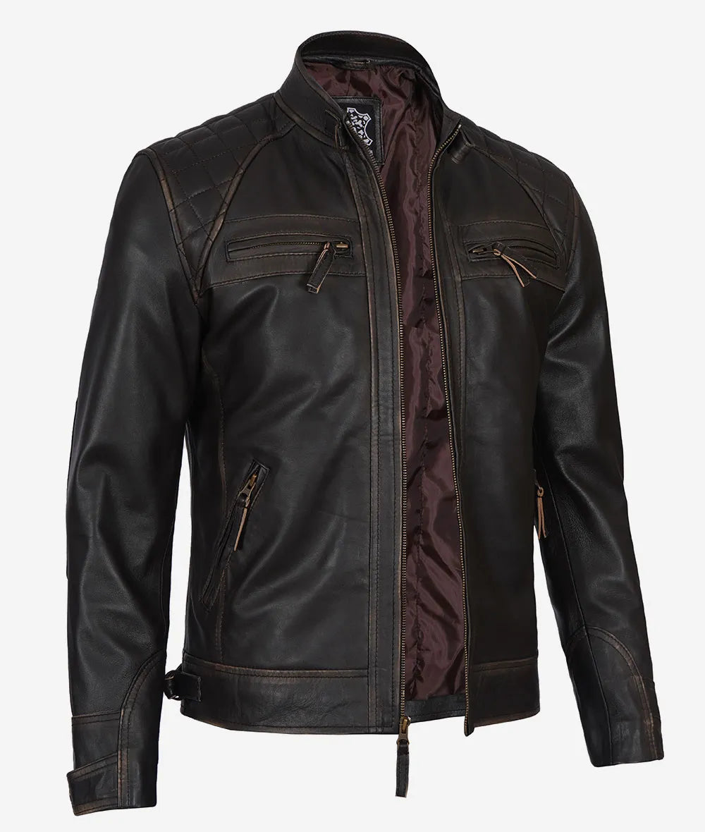 Men's Dark Brown Cafe Racer Leather Jacket - Quilted Shoulder LSM-0025