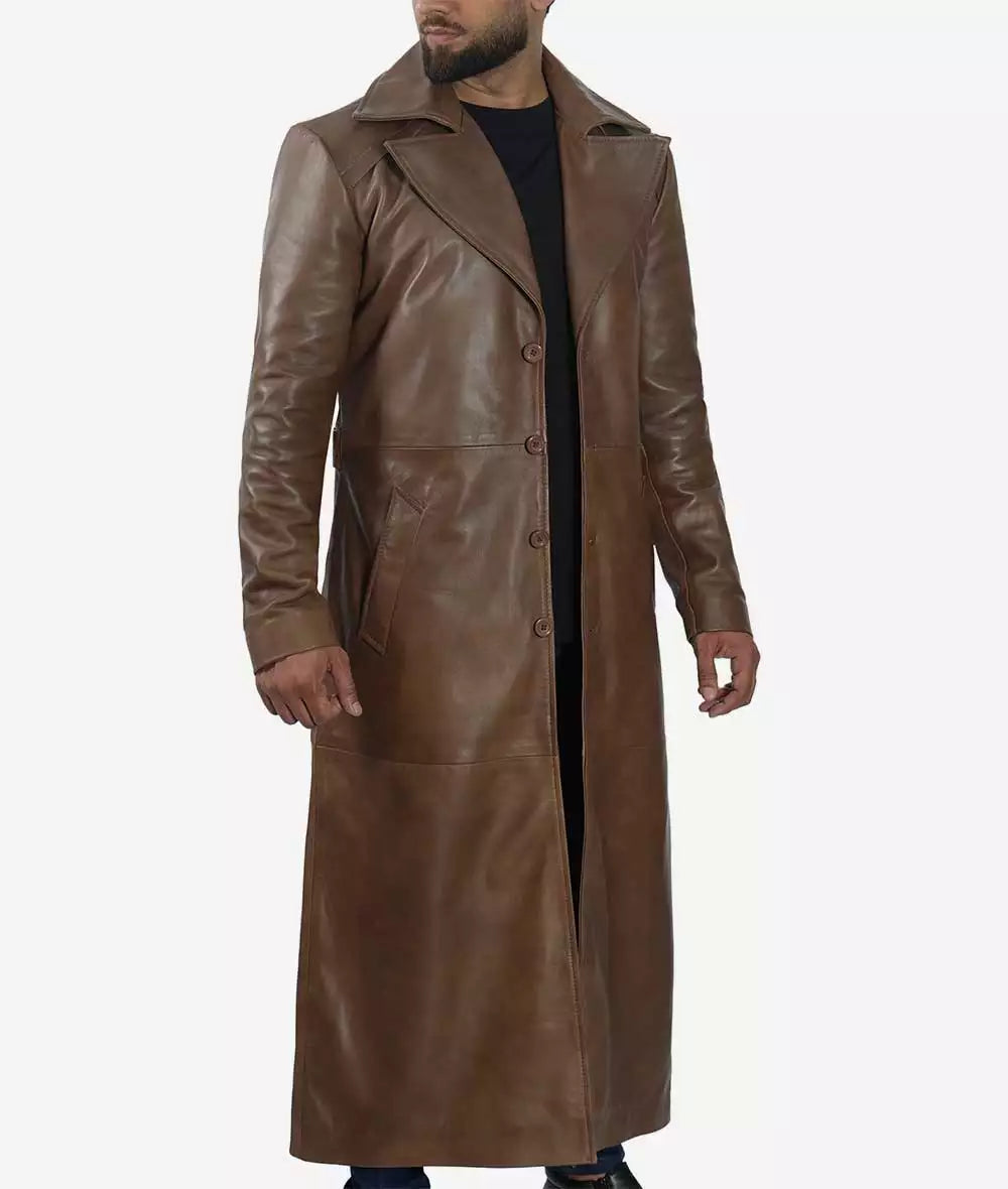 Men's Real Leather Full Length Brown Trench Coat LSM-0079