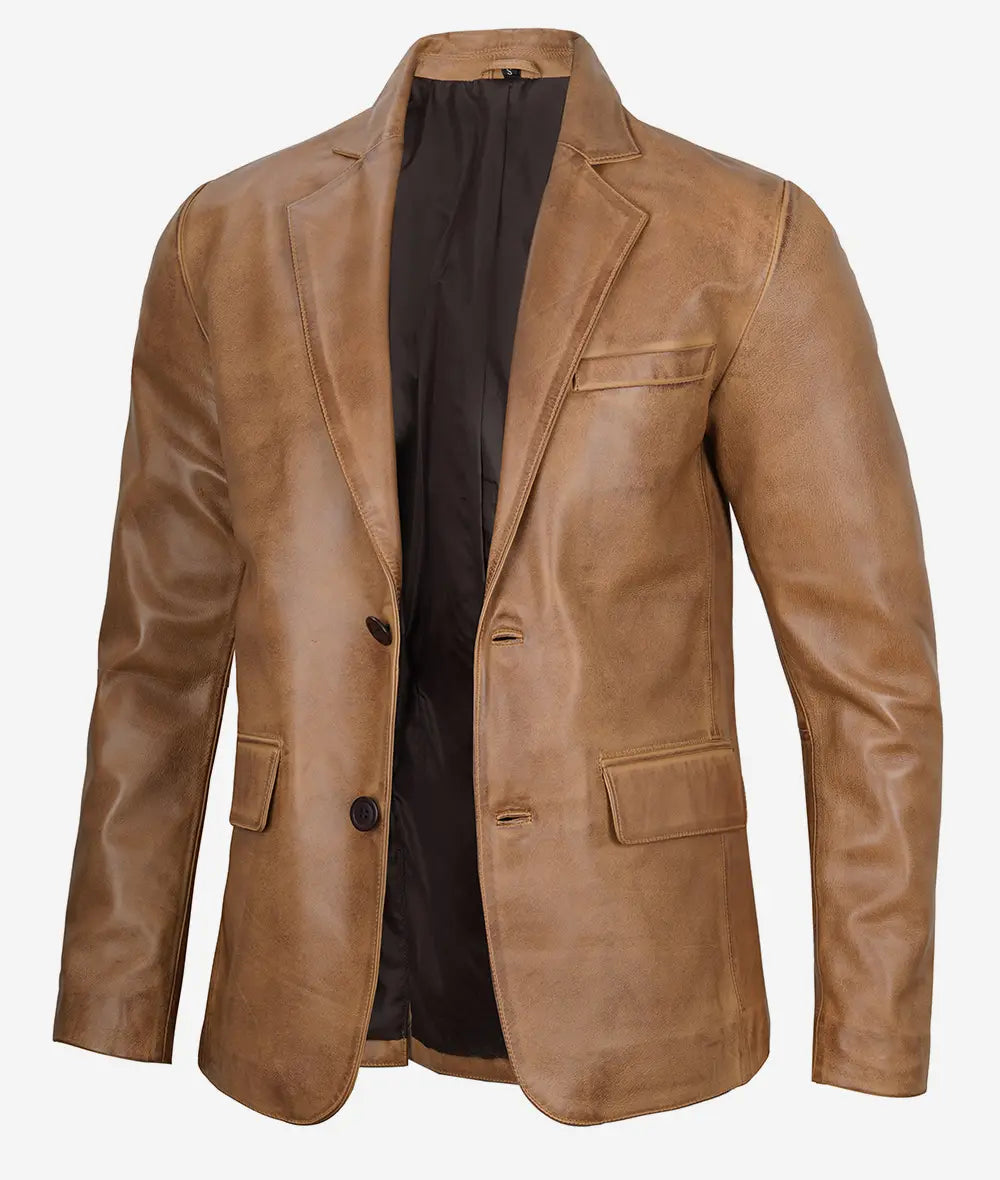 Mens Two Button Camel Brown Leather Blazer LSM-0072