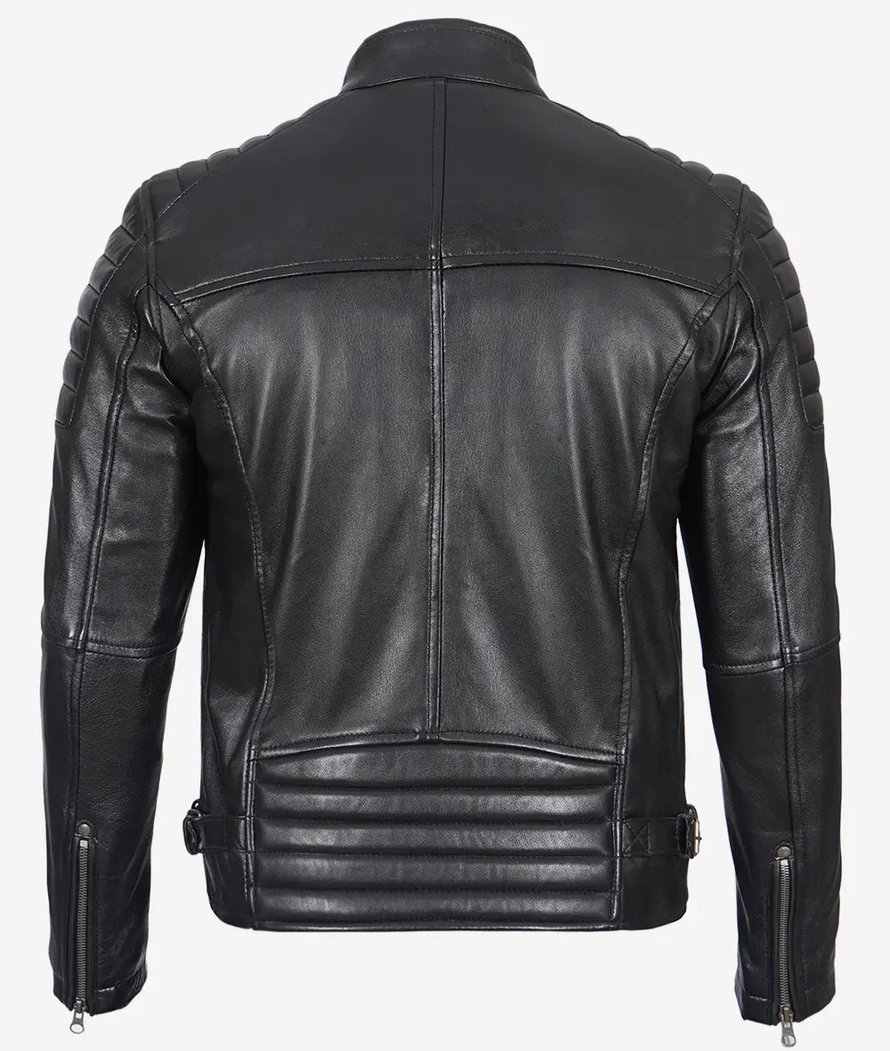 Men's Black Café Racer Leather Jacket with Padded Shoulders LSM-0014