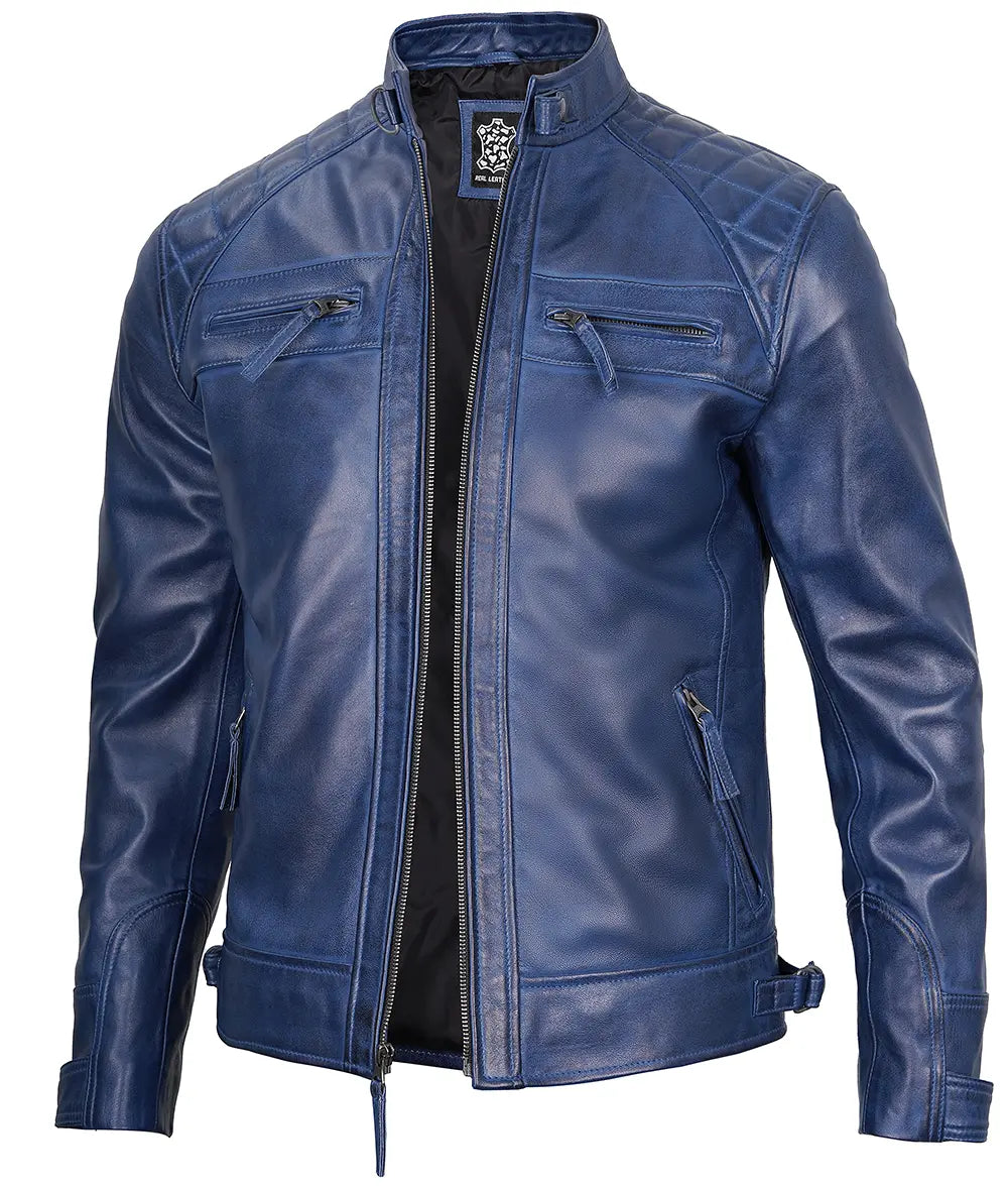 Mens Blue Quilted Shoulder Cafe Racer Leather Jacket LSM-0040