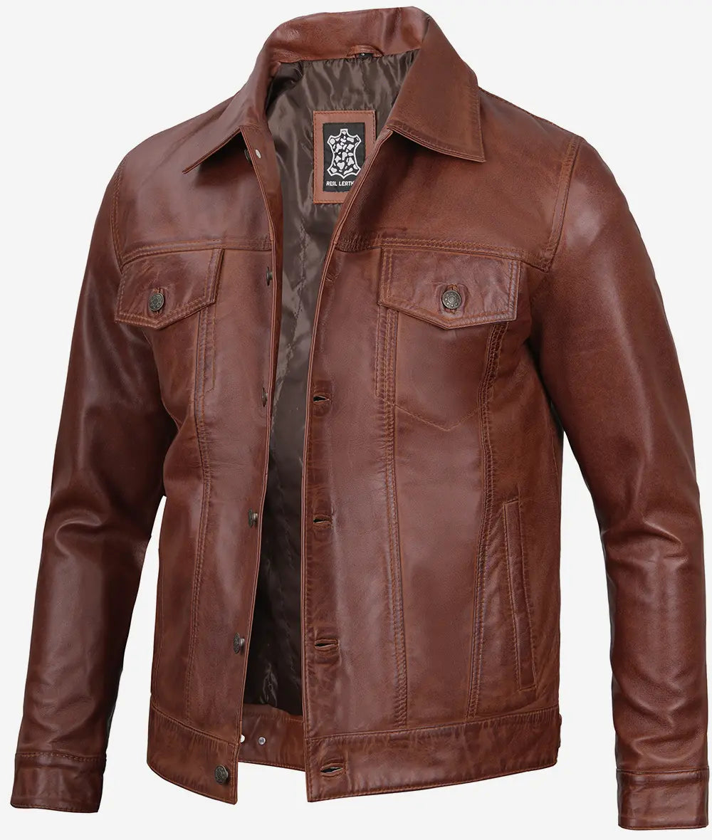 Men's Cognac Trucker Leather Jacket LSM-0023